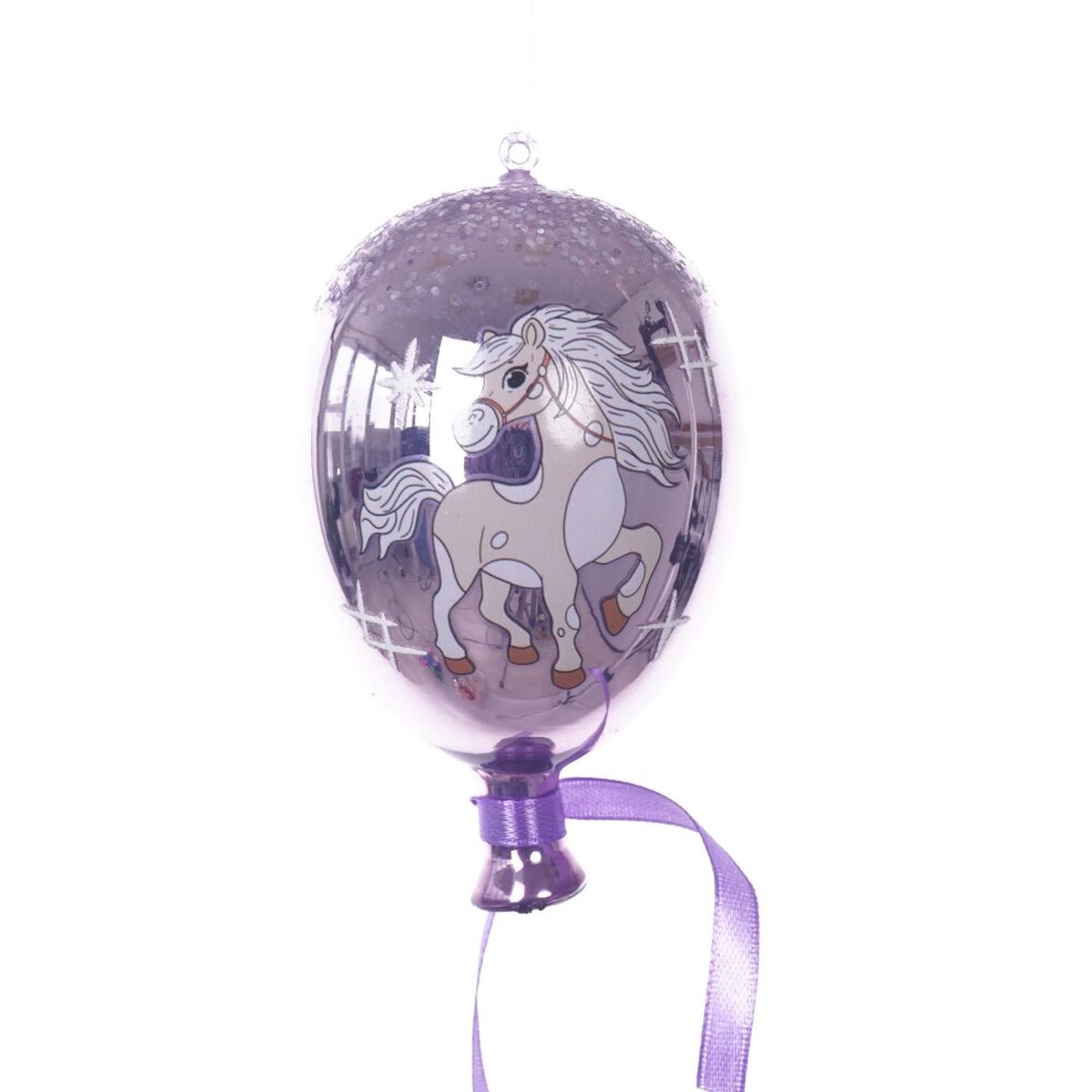 Изображение товара Новогодний стеклянный шарик с изображением лошади 7 см фиолетовый и бежевый